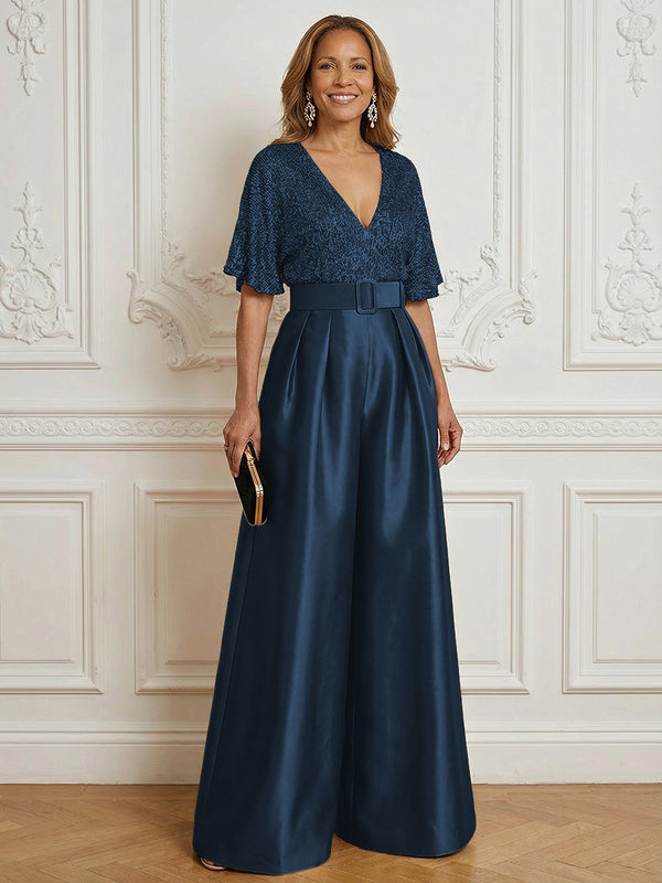 Jumpsuit V Neck Half Sleeve Long Sparkling Mother of the Bride Dresses with Belt
