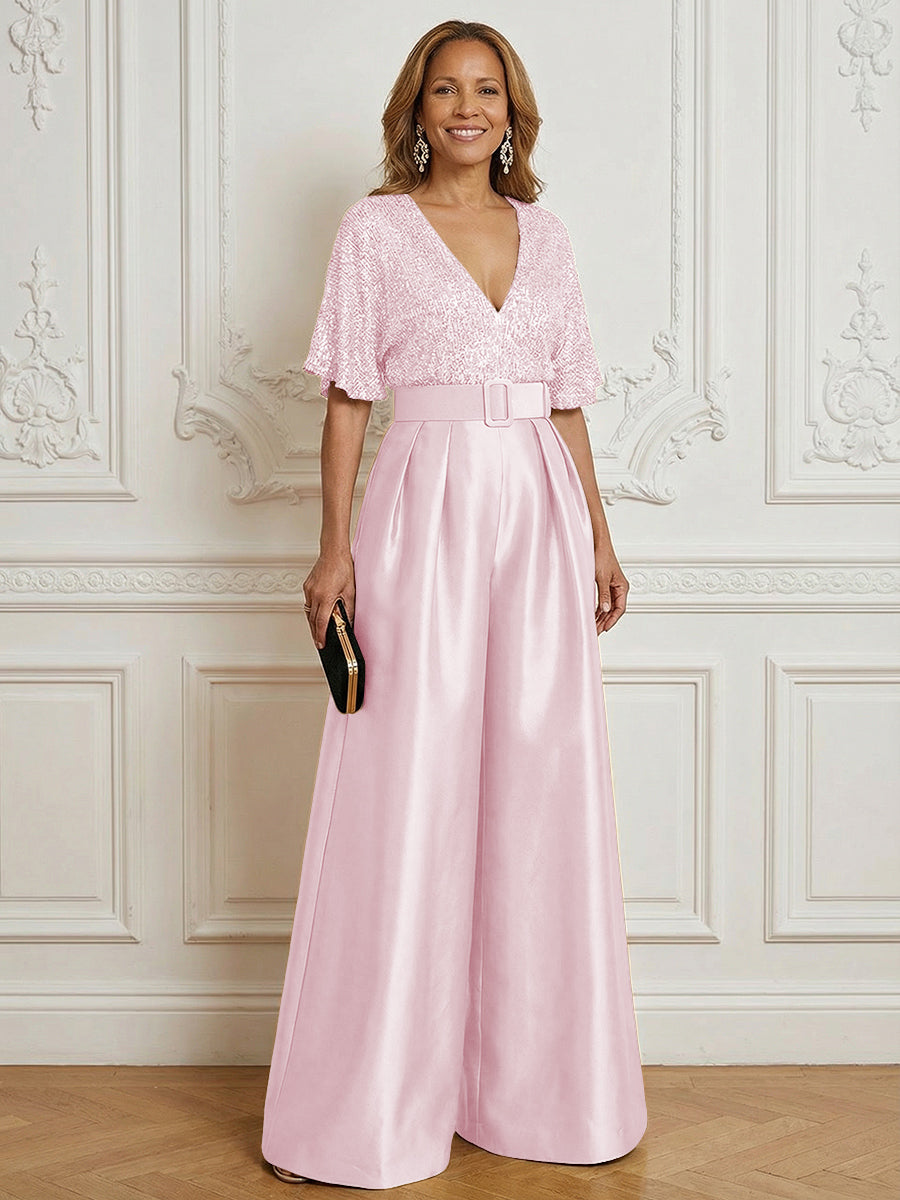 Jumpsuit V Neck Half Sleeve Long Sparkling Mother of the Bride Dresses with Belt