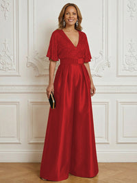 Jumpsuit V Neck Half Sleeve Long Sparkling Mother of the Bride Dresses with Belt