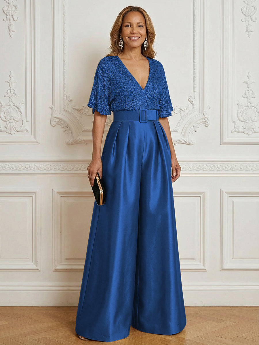 Jumpsuit V Neck Half Sleeve Long Sparkling Mother of the Bride Dresses with Belt