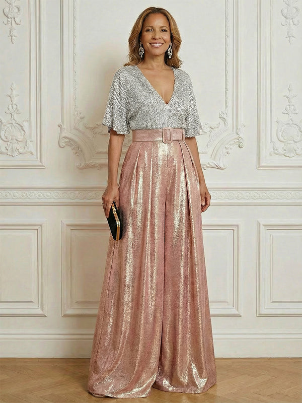 Jumpsuit V Neck Half Sleeve Sequined Floor Length Mother of the Bride Dresses