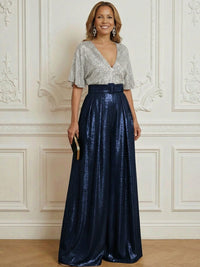 Jumpsuit V Neck Half Sleeve Sequined Floor Length Mother of the Bride Dresses