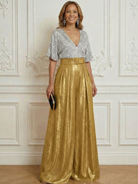 Jumpsuit V Neck Half Sleeve Sequined Floor Length Mother of the Bride Dresses