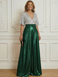 Jumpsuit V Neck Half Sleeve Sequined Floor Length Mother of the Bride Dresses