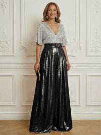 Jumpsuit V Neck Half Sleeve Sequined Floor Length Mother of the Bride Dresses