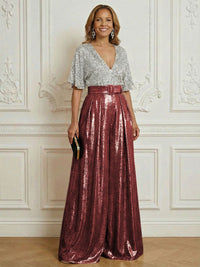 Jumpsuit V Neck Half Sleeve Sequined Floor Length Mother of the Bride Dresses