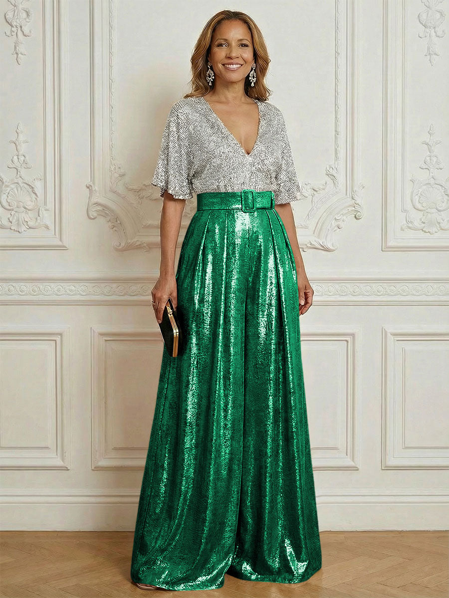 Jumpsuit V Neck Half Sleeve Sequined Floor Length Mother of the Bride Dresses