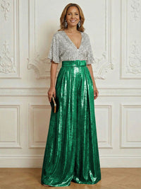 Jumpsuit V Neck Half Sleeve Sequined Floor Length Mother of the Bride Dresses