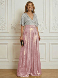 Jumpsuit V Neck Half Sleeve Sequined Floor Length Mother of the Bride Dresses