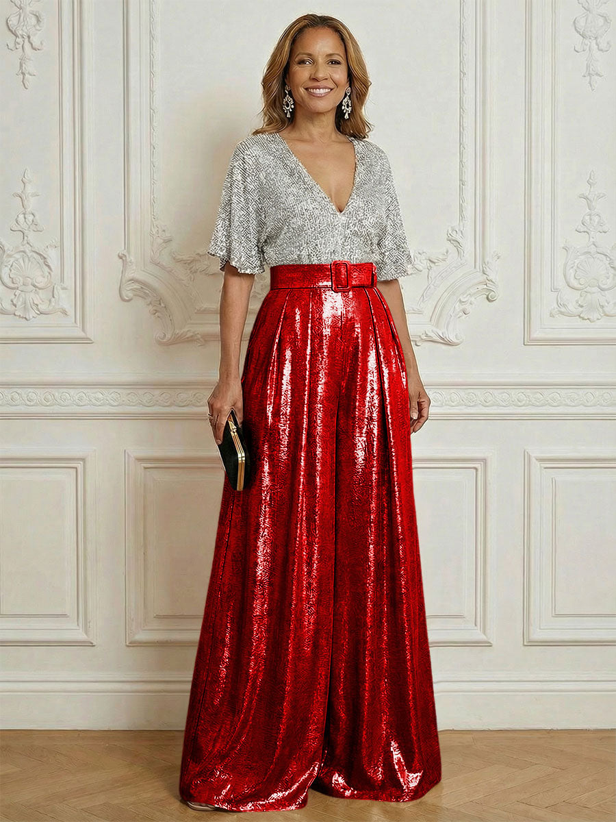 Jumpsuit V Neck Half Sleeve Sequined Floor Length Mother of the Bride Dresses