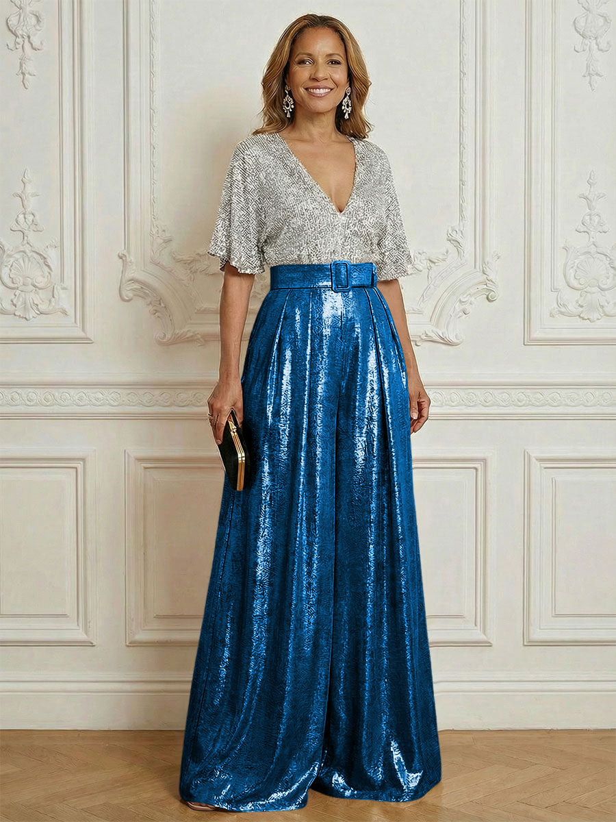 Jumpsuit V Neck Half Sleeve Sequined Floor Length Mother of the Bride Dresses