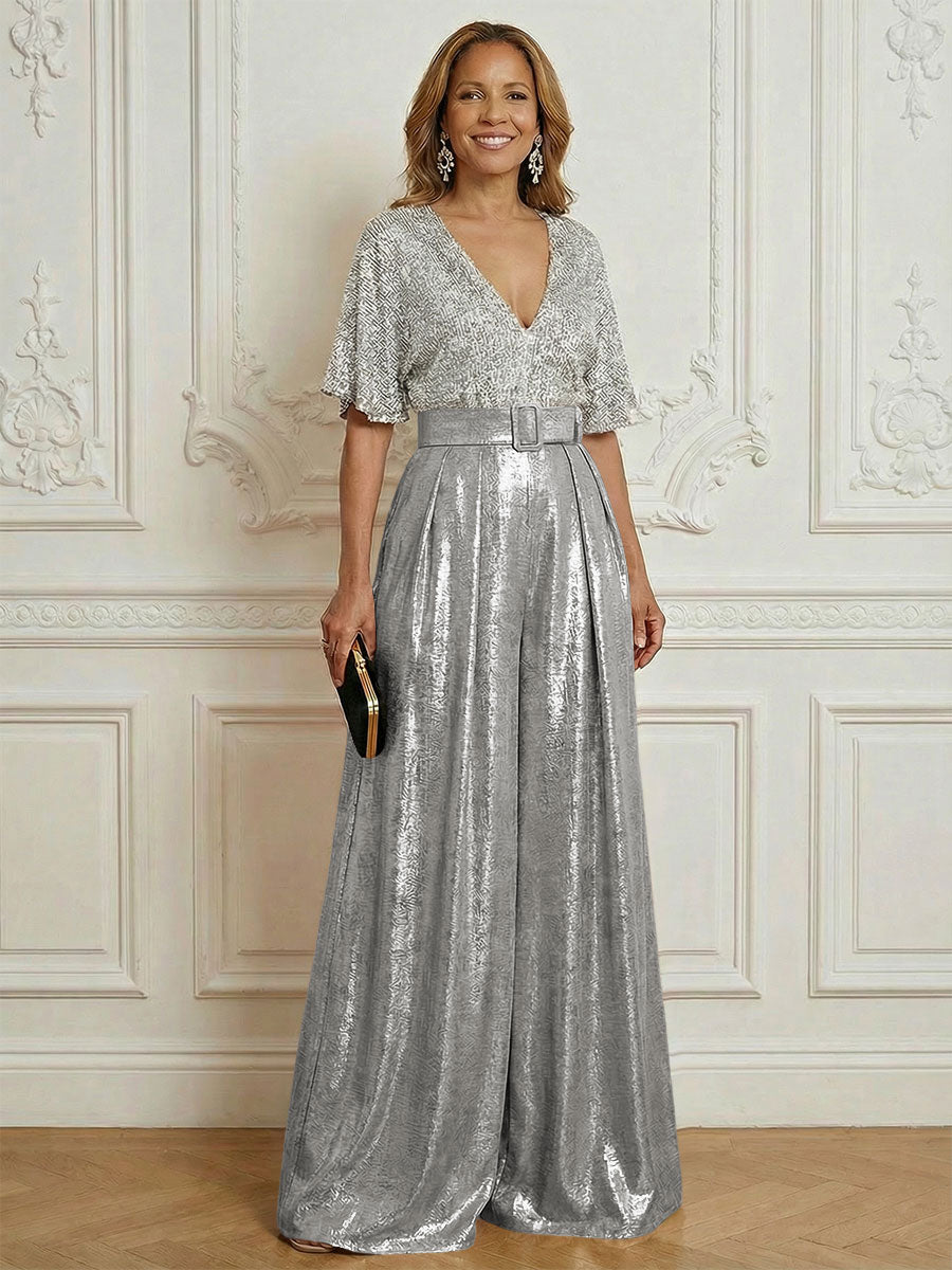 Jumpsuit V Neck Half Sleeve Sequined Floor Length Mother of the Bride Dresses