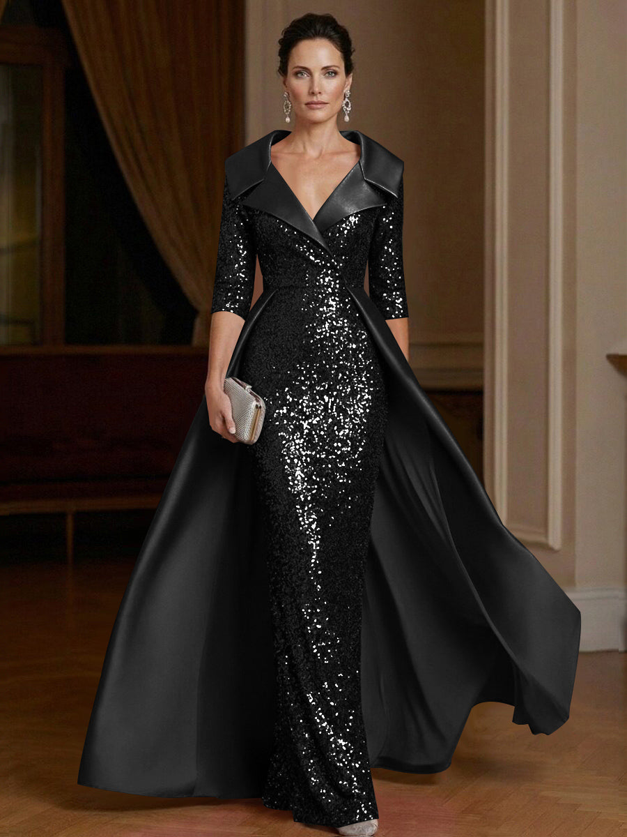 Shirees Black Sheath V Neck 3/4 Sleeve Floor Length Elegant Evening Dresses Women Formal Gowns 2026