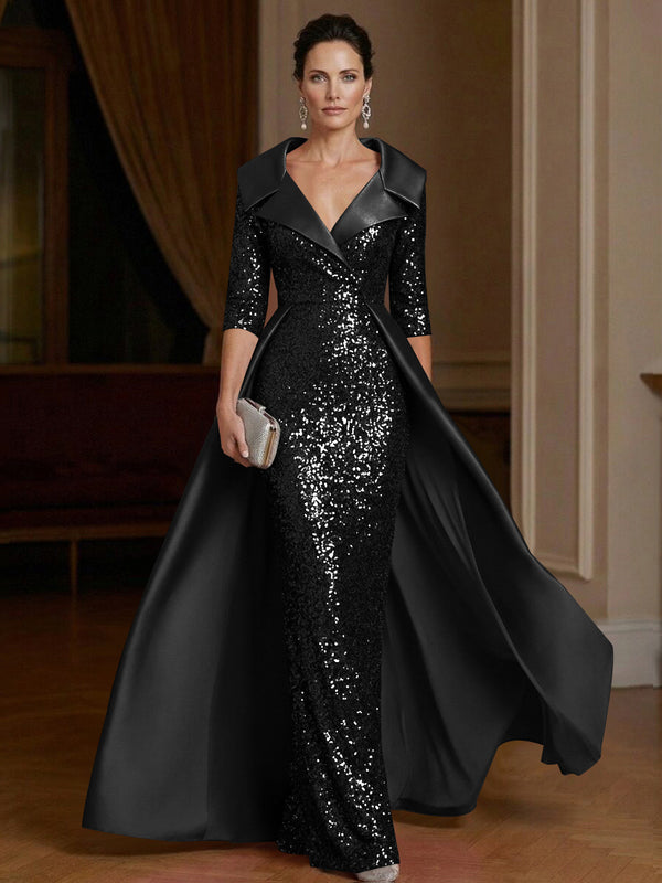 Sheath V Neck 3/4 Sleeve Floor Length Elegant Evening Dresses Women Formal Gowns