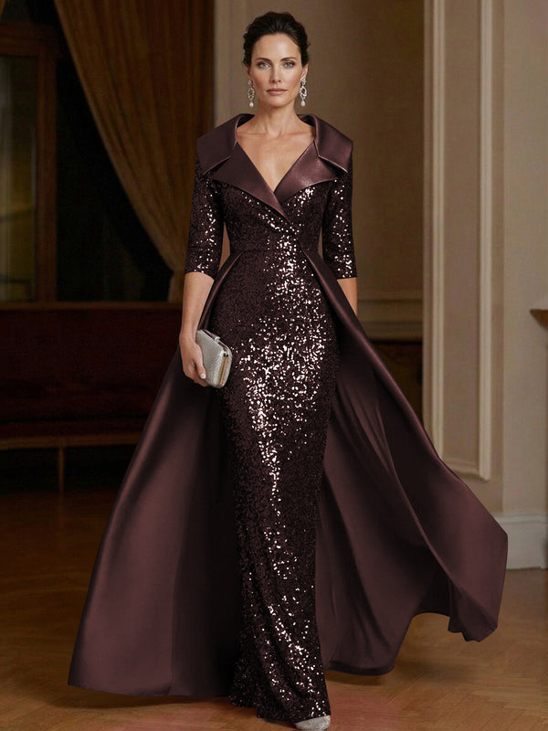 Sheath V Neck 3/4 Sleeve Floor Length Elegant Evening Dresses Women Formal Gowns