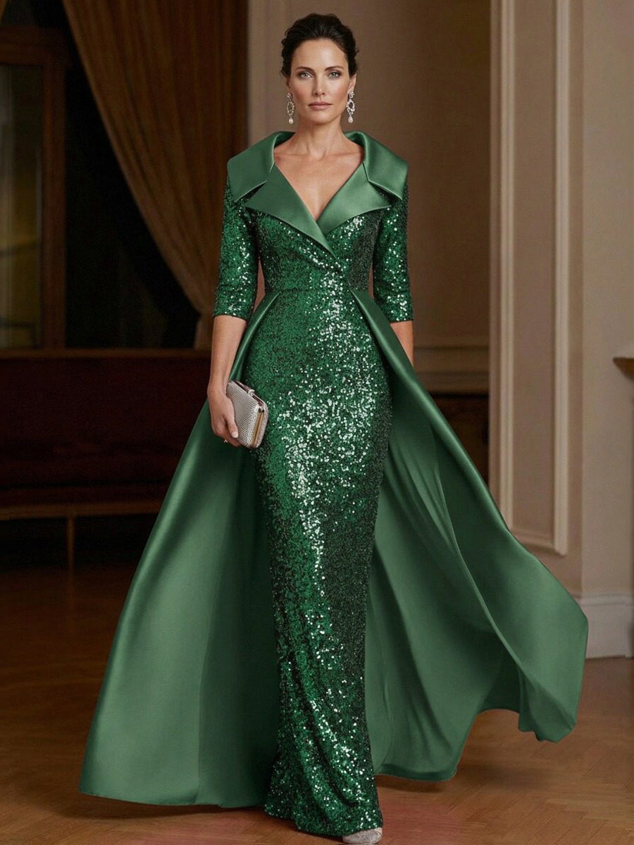 Sheath V Neck 3/4 Sleeve Floor Length Elegant Evening Dresses Women Formal Gowns