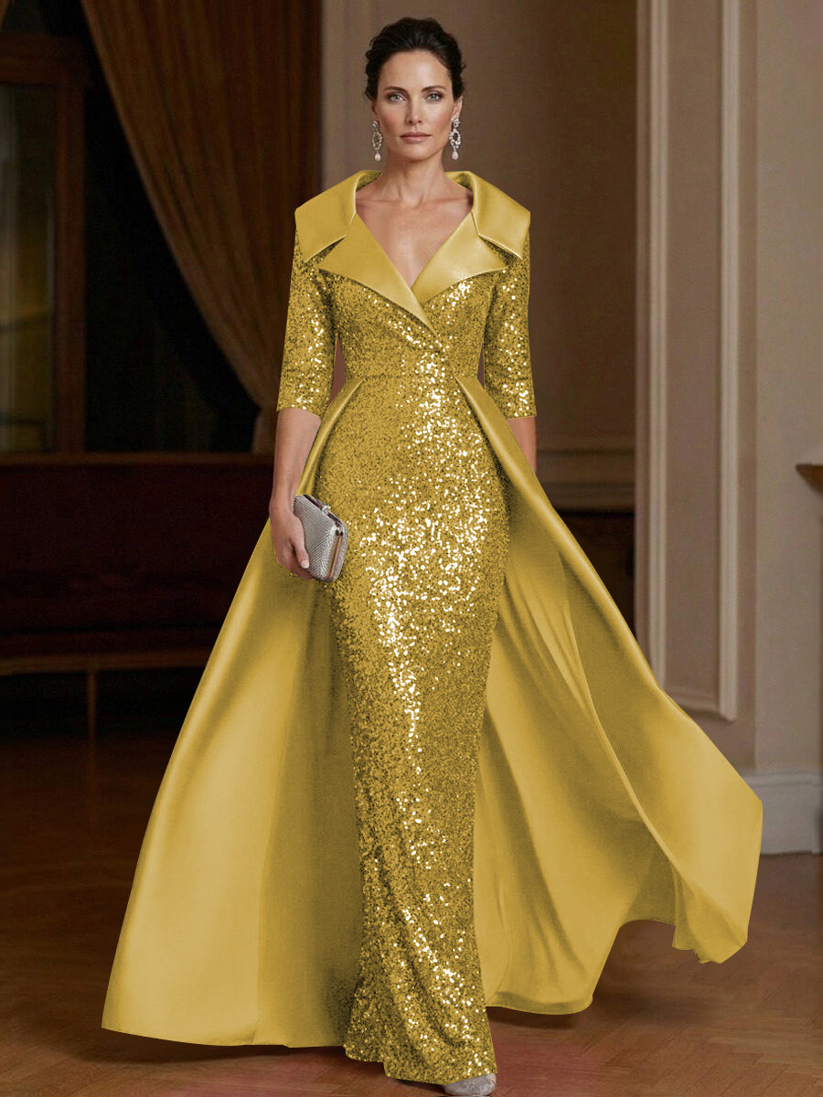 Gold Formal Evening Maxi Gowns 2026 Elegant for Women Sheath V Neck 3/4 Sleeve Floor Length Elegant Wedding Guest Gala Party Dresses