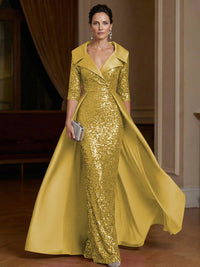Sheath V Neck 3/4 Sleeve Floor Length Elegant Evening Dresses Women Formal Gowns