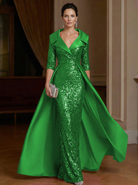 Sheath V Neck 3/4 Sleeve Floor Length Elegant Evening Dresses Women Formal Gowns