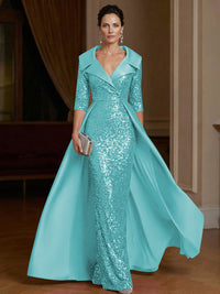 Sheath V Neck 3/4 Sleeve Floor Length Elegant Evening Dresses Women Formal Gowns