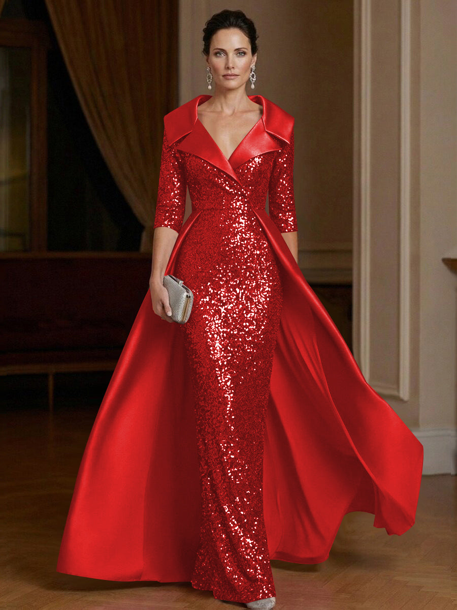 Sheath V Neck 3/4 Sleeve Floor Length Elegant Evening Dresses Women Formal Gowns