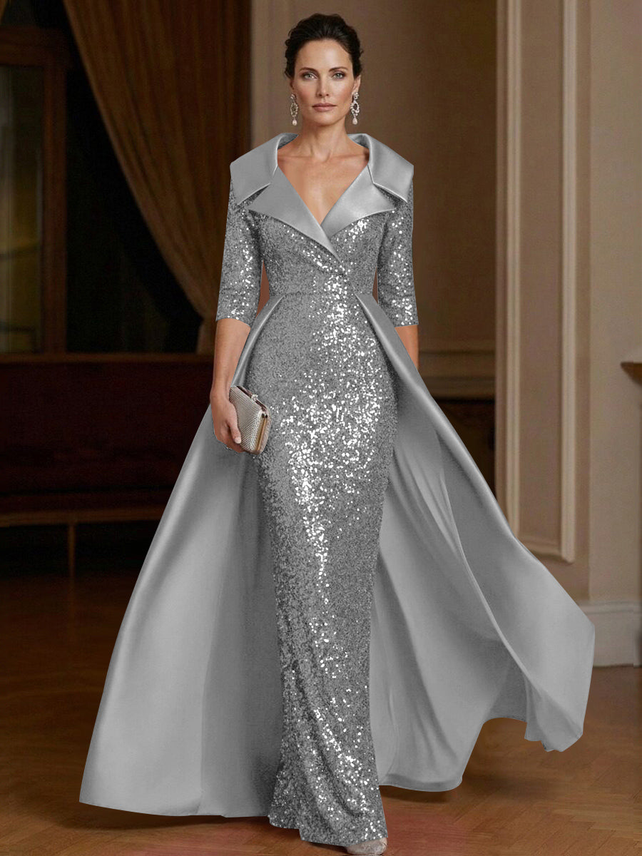 Silver Mermaid Evening Dress 2026 Sequin Satin Lapel V Neck 3/4 Sleeve Oversized Satin Cape Train Formal Black Tie Gala Evening Gown