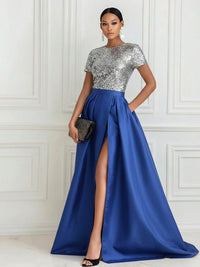 A Line/Princess Scoop Short Sleeve Floor Length Mother of the Bride Dresses with Split Side Women Formal Gowns