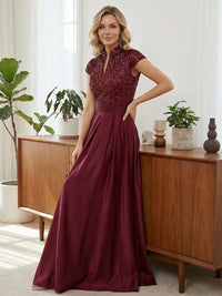 A Line/Princess Stand Collar Short Sleeve Long Elegant Mother of the Bride Dresses