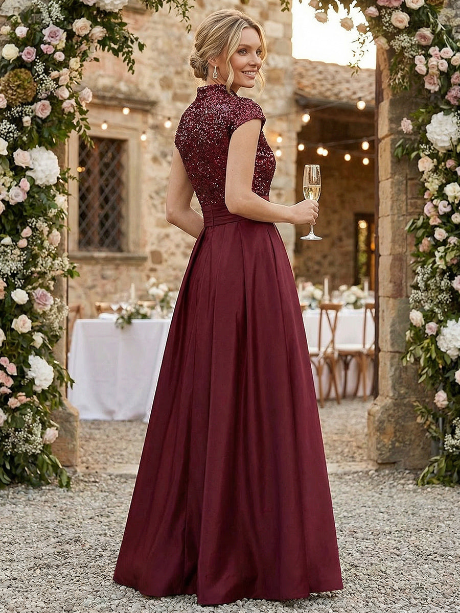 Shirees Brown A Line/Princess Stand Collar Short Sleeve Long Elegant Mother of the Bride Dresses 2026 Shirees Brown A Line/Princess Stand Collar Short Sleeve Long Elegant Mother of the Bride Dresses 2026