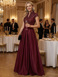 A Line/Princess Stand Collar Short Sleeve Long Elegant Mother of the Bride Dresses