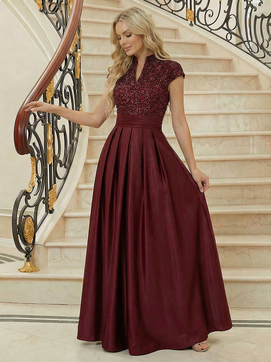 strapless open back dress A Line/Princess Stand Collar Short Sleeve Long Elegant Mother of the B –  Shirees