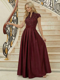 A Line/Princess Stand Collar Short Sleeve Long Elegant Mother of the Bride Dresses