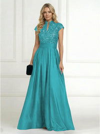 A Line/Princess Stand Collar Short Sleeve Long Elegant Mother of the Bride Dresses