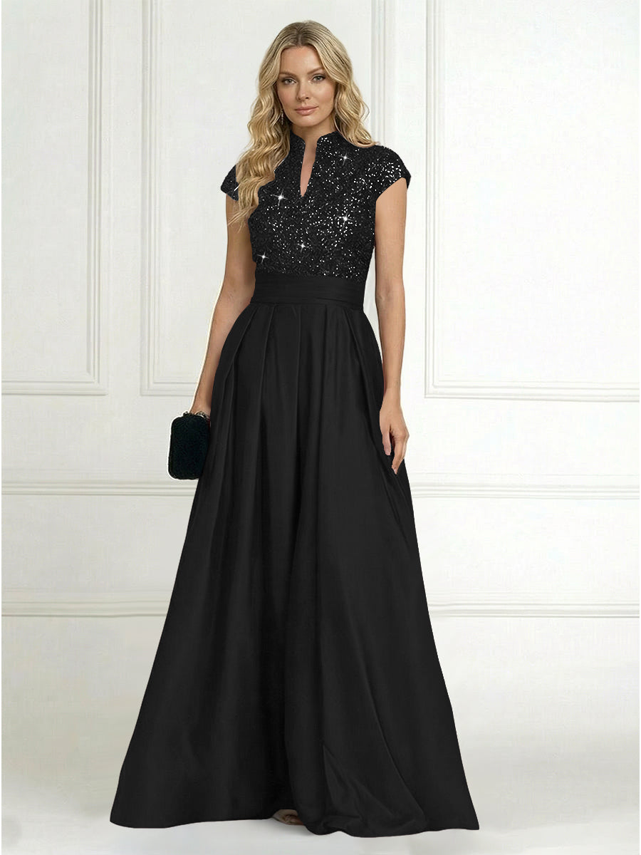 Shirees Black A Line/Princess Stand Collar Short Sleeve Long Elegant Mother of the Bride Dresses 2026 Shirees Black A Line/Princess Stand Collar Short Sleeve Long Elegant Mother of the Bride Dresses 2026