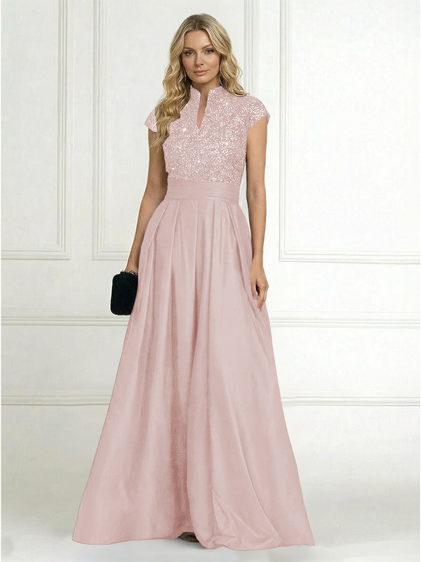 A Line/Princess Stand Collar Short Sleeve Long Elegant Mother of the Bride Dresses