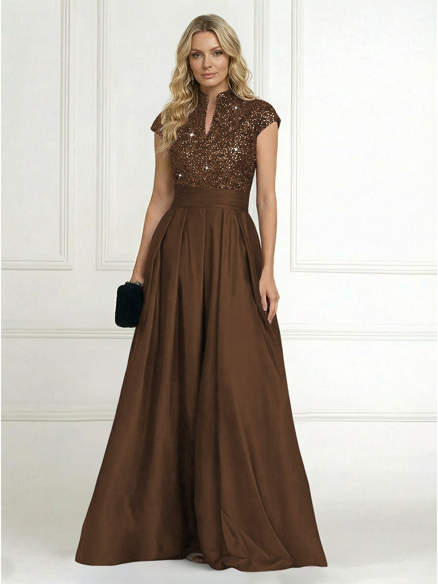 Shirees Brown A Line/Princess Stand Collar Short Sleeve Long Elegant Mother of the Bride Dresses 2026 Shirees Brown A Line/Princess Stand Collar Short Sleeve Long Elegant Mother of the Bride Dresses 2026