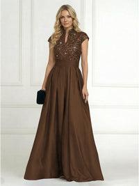 A Line/Princess Stand Collar Short Sleeve Long Elegant Mother of the Bride Dresses