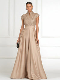 A Line/Princess Stand Collar Short Sleeve Long Elegant Mother of the Bride Dresses