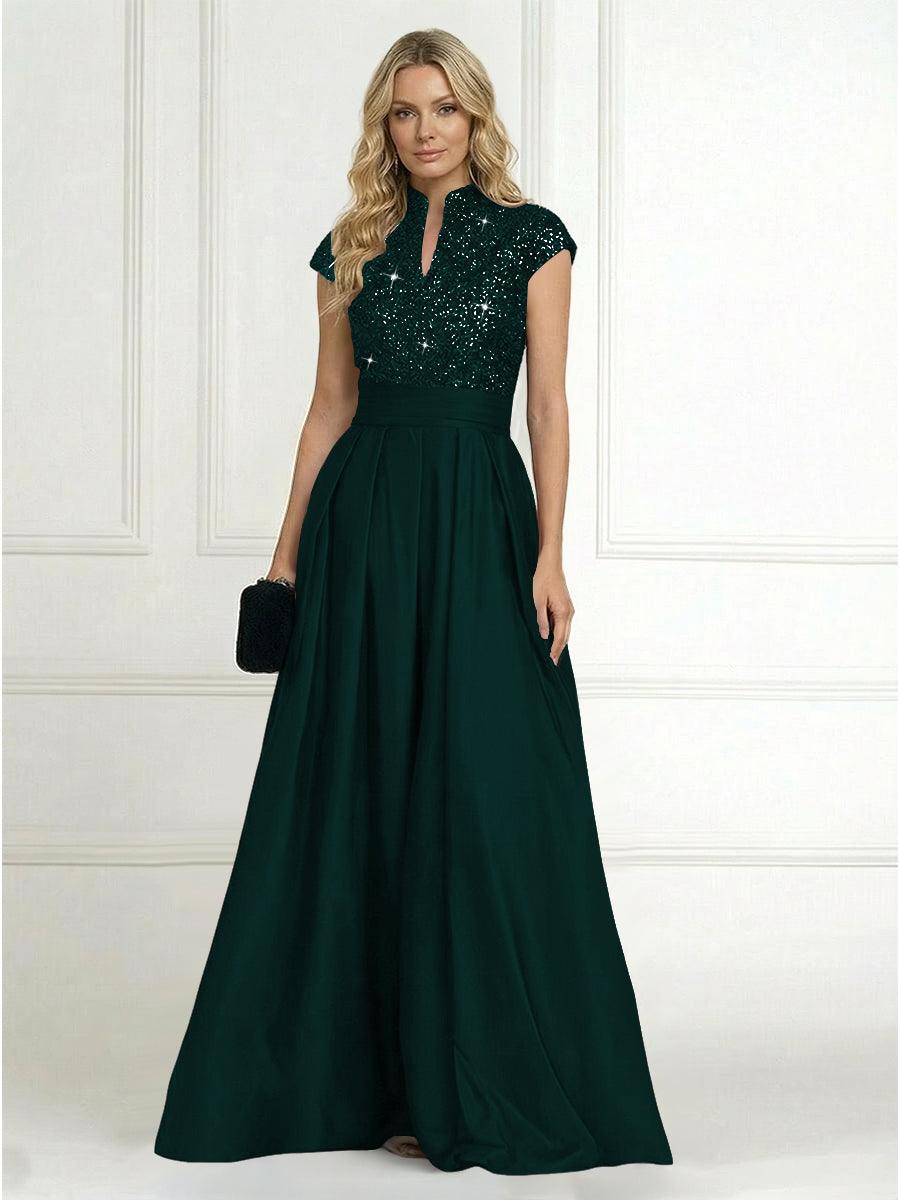 A Line/Princess Stand Collar Short Sleeve Long Elegant Mother of the Bride Dresses