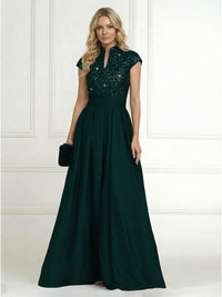 A Line/Princess Stand Collar Short Sleeve Long Elegant Mother of the Bride Dresses