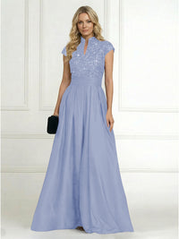 A Line/Princess Stand Collar Short Sleeve Long Elegant Mother of the Bride Dresses