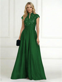 A Line/Princess Stand Collar Short Sleeve Long Elegant Mother of the Bride Dresses