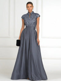 A Line/Princess Stand Collar Short Sleeve Long Elegant Mother of the Bride Dresses
