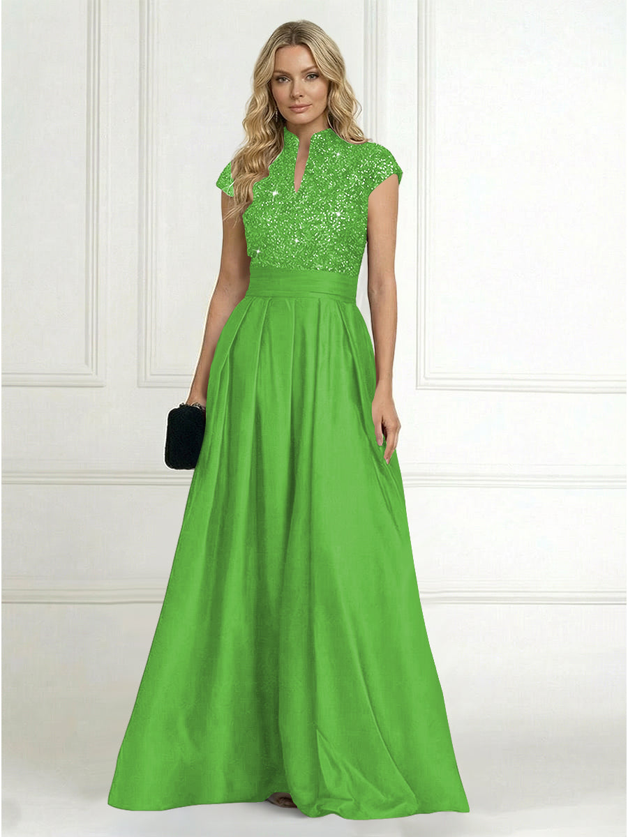 A Line/Princess Stand Collar Short Sleeve Long Elegant Mother of the Bride Dresses