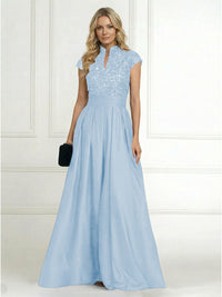 A Line/Princess Stand Collar Short Sleeve Long Elegant Mother of the Bride Dresses