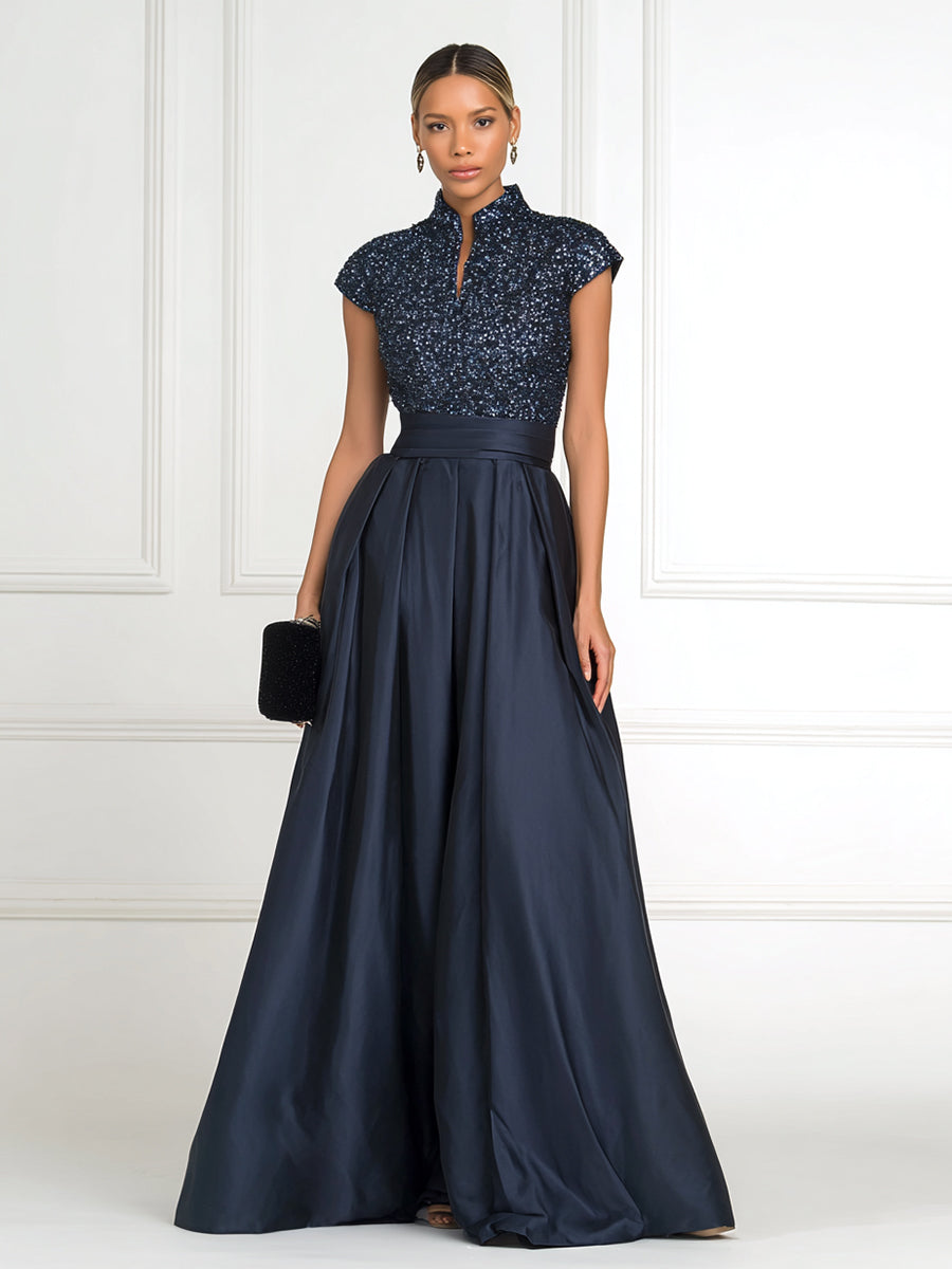 Shirees Navy Blue A Line/Princess Stand Collar Short Sleeve Long Elegant Mother of the Bride Dresses 2026 Shirees Navy Blue A Line/Princess Stand Collar Short Sleeve Long Elegant Mother of the Bride Dresses 2026