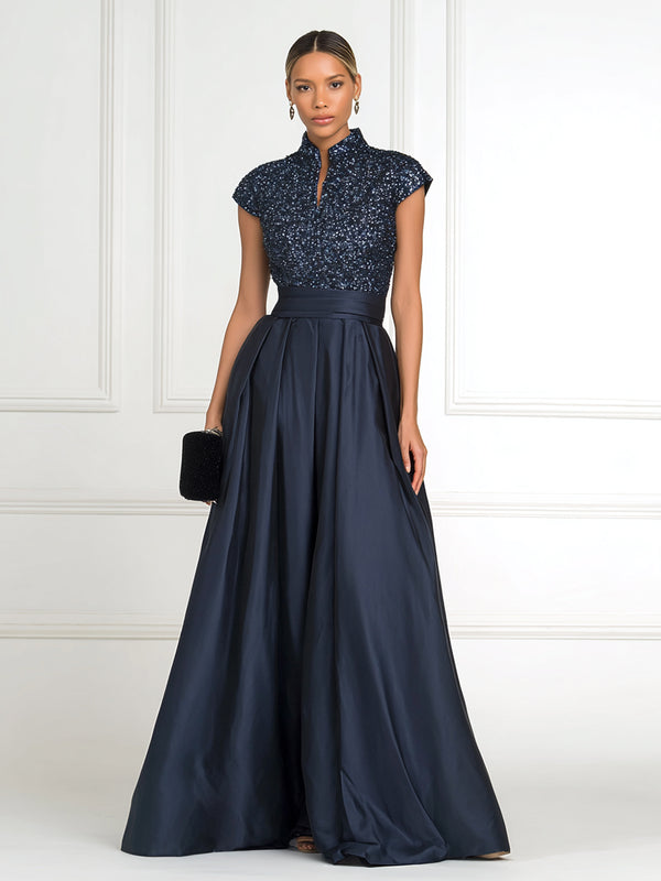 A Line/Princess Stand Collar Short Sleeve Long Elegant Mother of the Bride Dresses