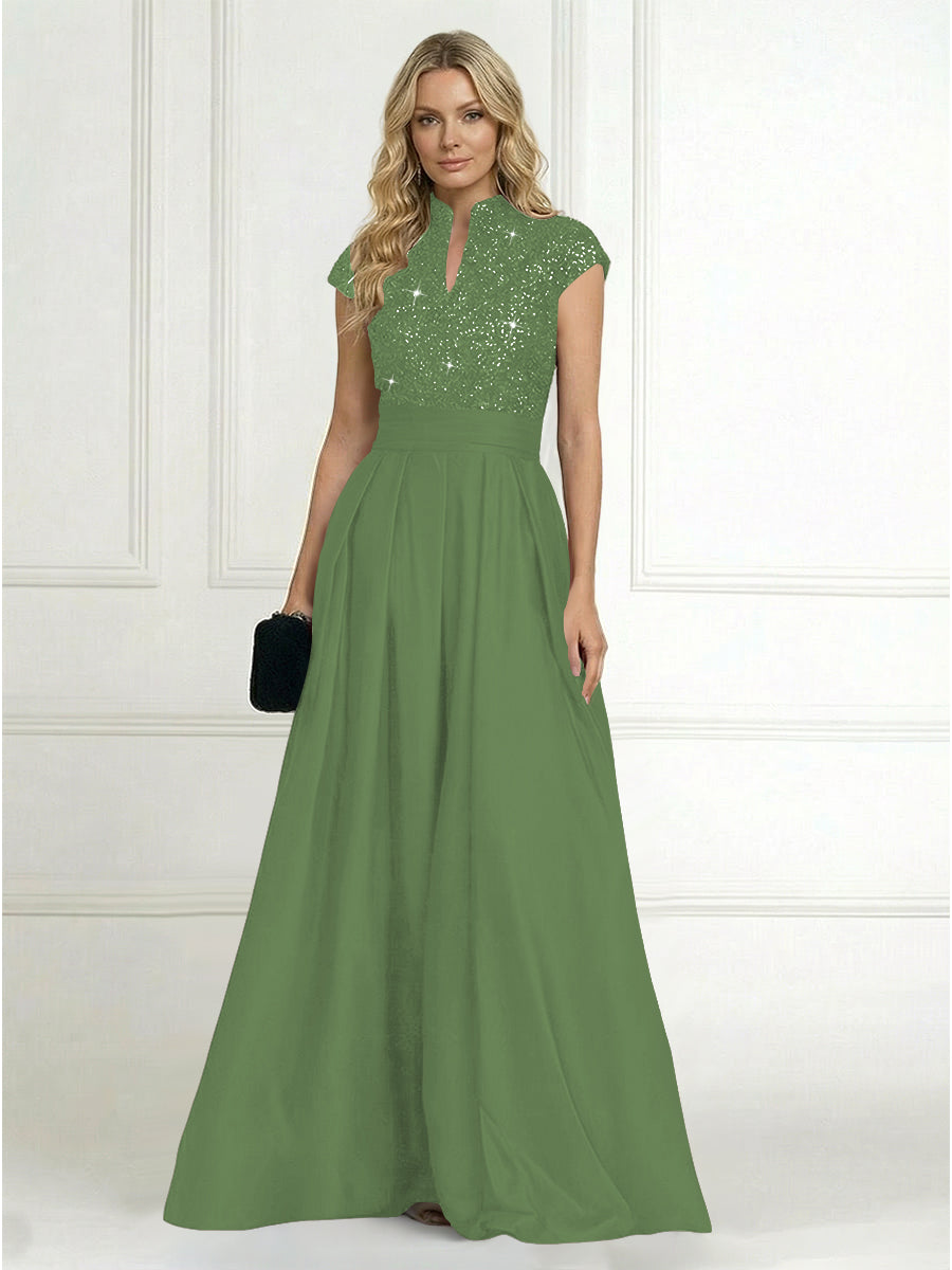 A Line/Princess Stand Collar Short Sleeve Long Elegant Mother of the B – Shirees
