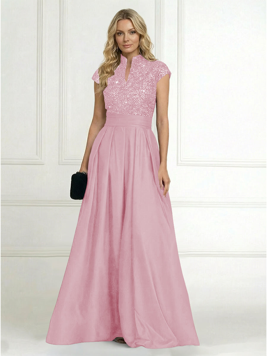 Shirees Pink A Line/Princess Stand Collar Short Sleeve Long Elegant Mother of the Bride Dresses 2026 Shirees Pink A Line/Princess Stand Collar Short Sleeve Long Elegant Mother of the Bride Dresses 2026