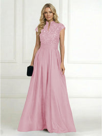 A Line/Princess Stand Collar Short Sleeve Long Elegant Mother of the Bride Dresses
